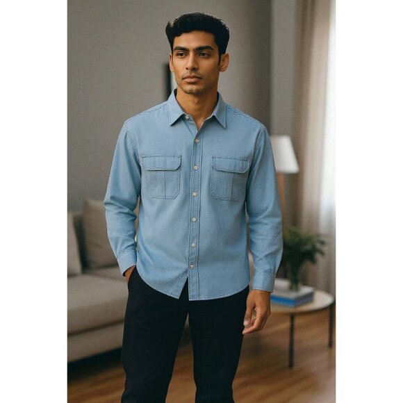 Perry Ellis Men’s Long Sleeve Shirt L Light Blue Linen Cotton Blend - Picture 1 of 6